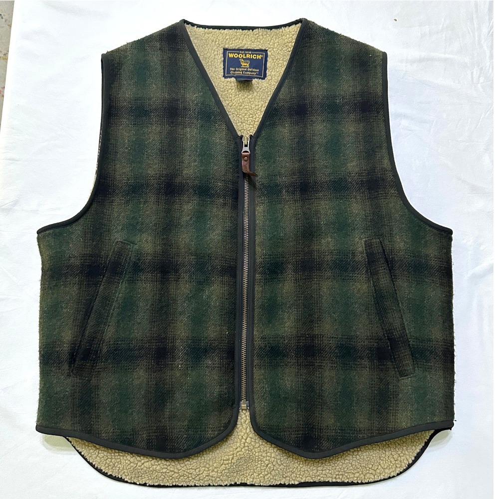 Woolrich Wool Sherpa Lined Zip Vest M Green Plaid Gorpcore Cabincore Heritage